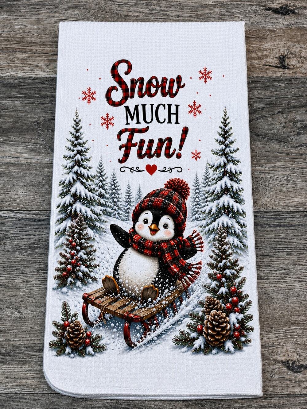 Snow Much Fun Penguin Kitchen Towel Red Buffalo Plaid Winter Decor